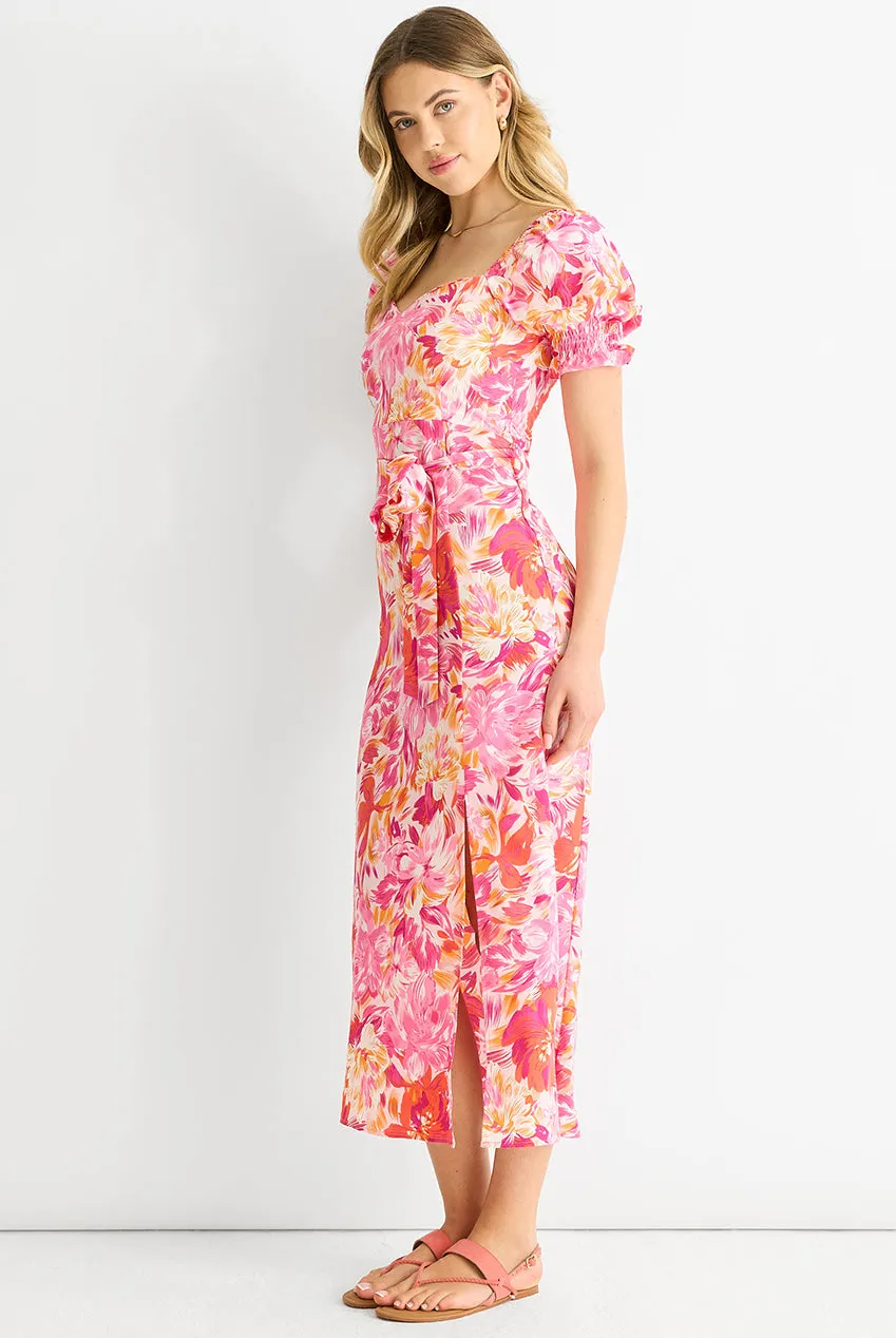 Gini London Abito Midi Floreale Rosso con Cintura e Maniche a Sbuffo
