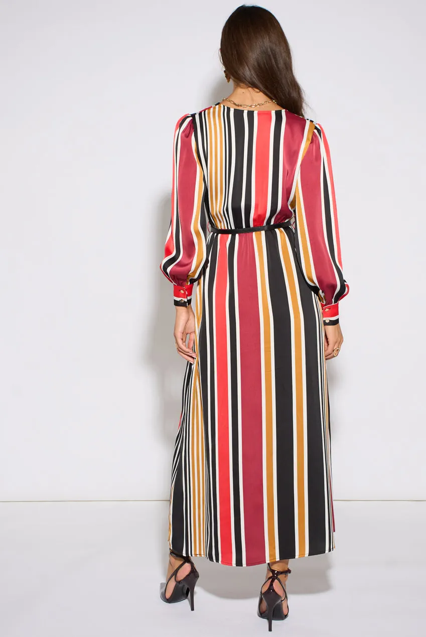 Gini London Satin Wrap abito midaxi righe multi manica lunga