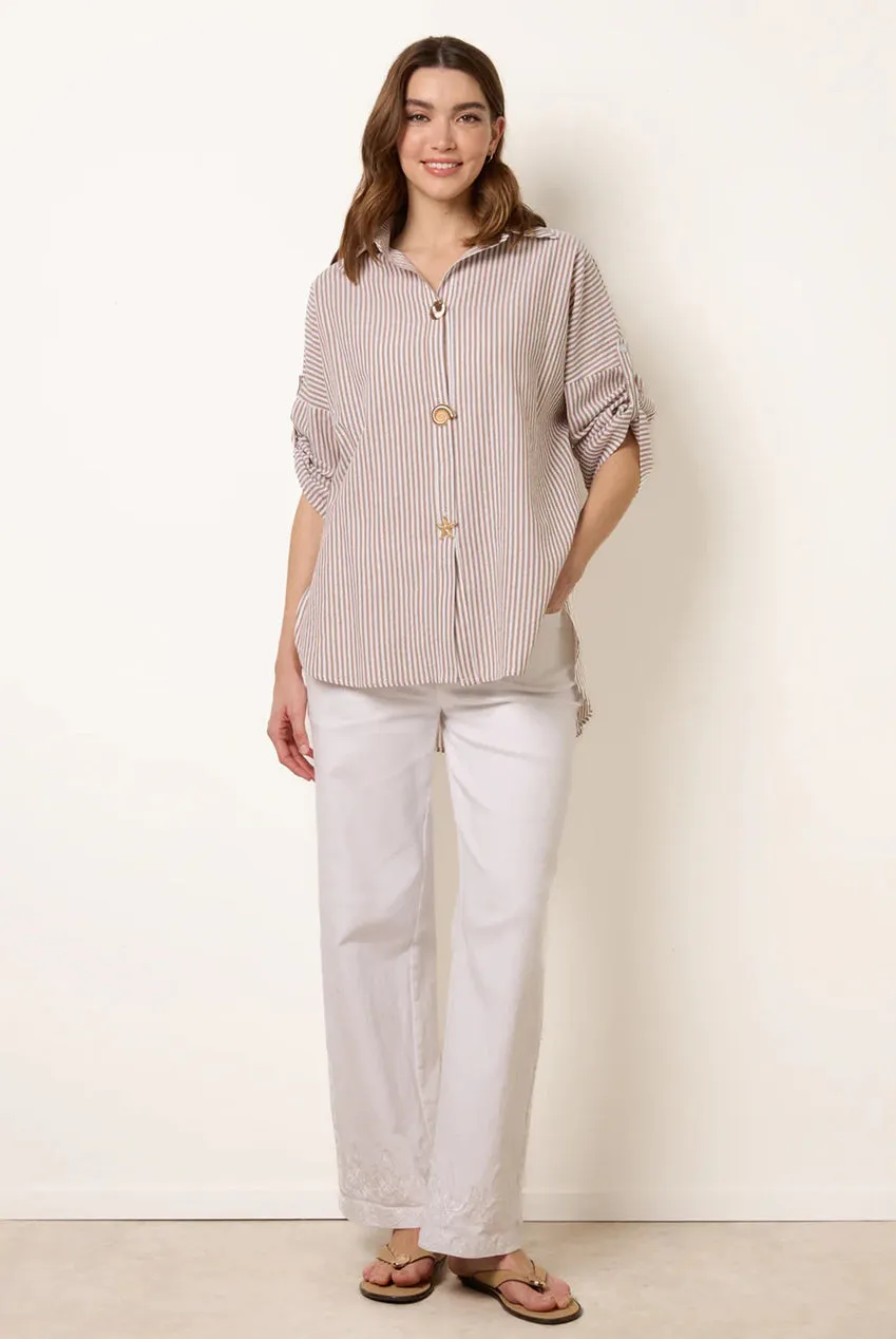 Blue Vanilla Gold Shell camicia righe bottoni taupe