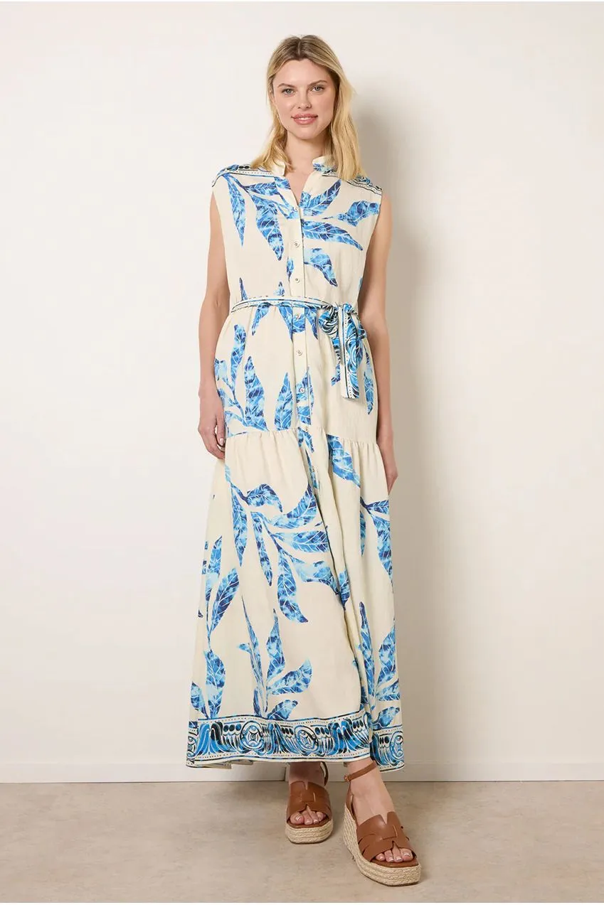Blue Vanilla Abito Camicia Maxi Blu Foglie Cintura