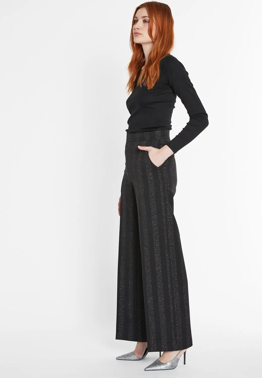 Ana Alcazar Samsa pantaloni larghi neri riga lurex