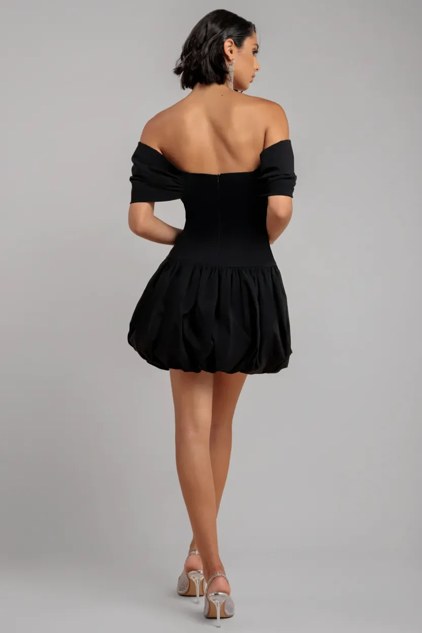 Goddiva Bardot Babydoll Corset abito mini nero scollo bardot
