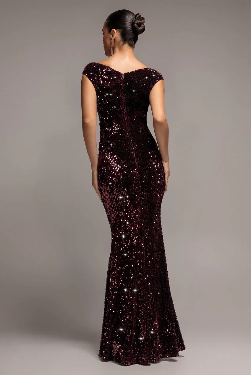 Goddiva Sequin Velvet abito maxi prugna sirena