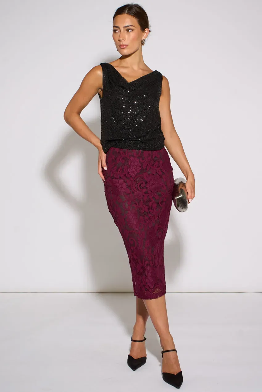 Gini London gonna matita midi pizzo prugna cordonetto