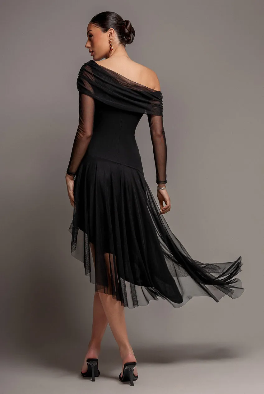 Goddiva Abito Midi Monospalla Nero Manica Velata