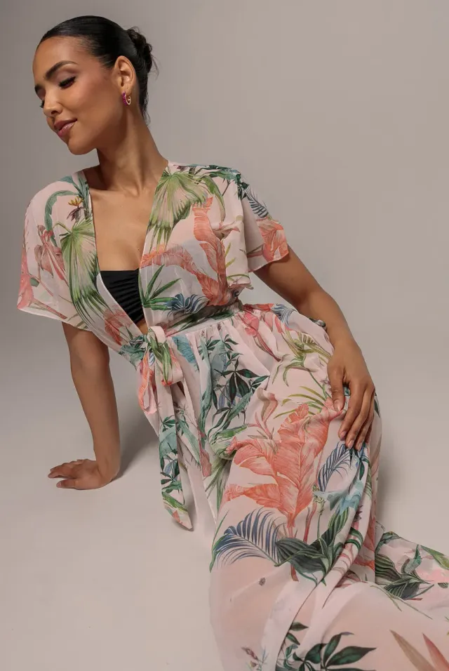 Goddiva Palm Print Flutter Sleeve kimono maxi palm print verde