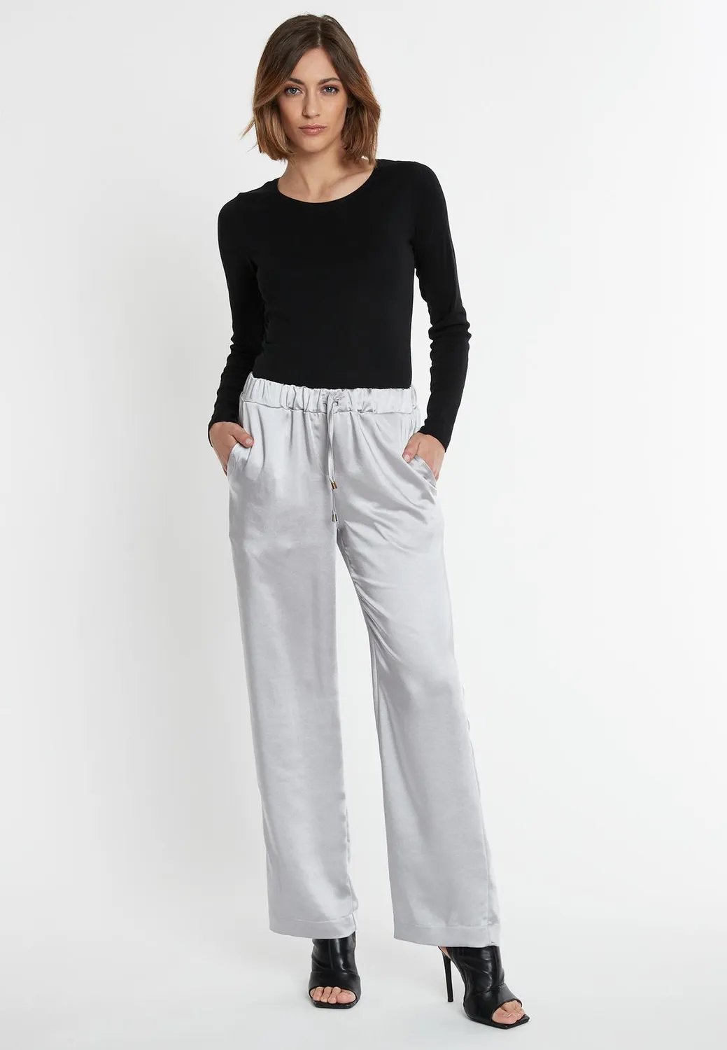 Ana Alcazar Sibby pantaloni satin argento coulisse