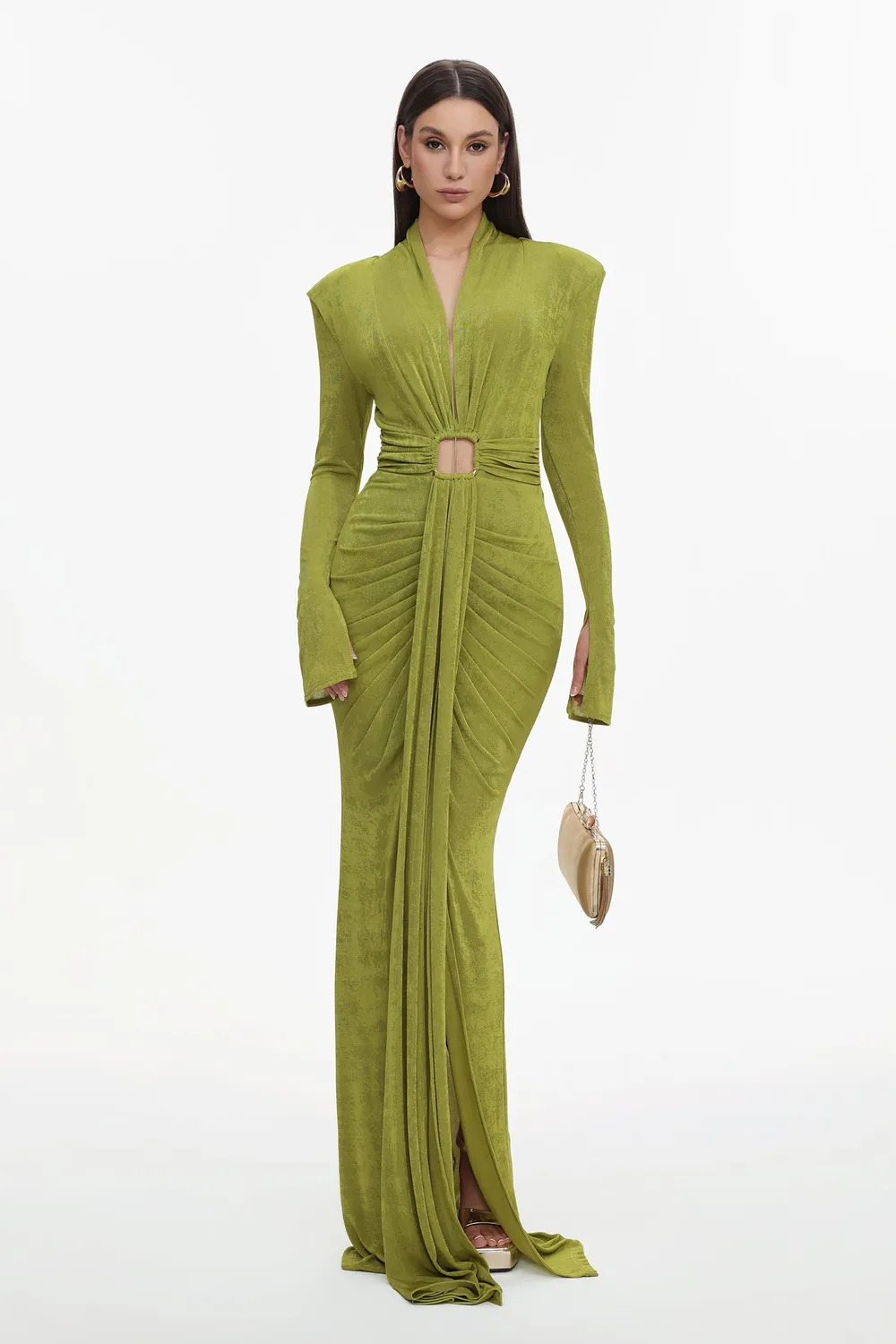Bella Barnett Naomi abito maxi verde maniche lunghe scollo V