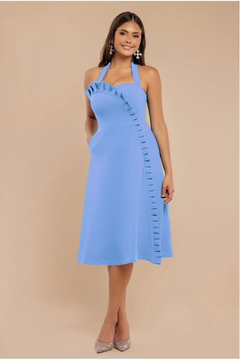 Goddiva Frilled Halter Neck Strap abito midi blu fiordaliso