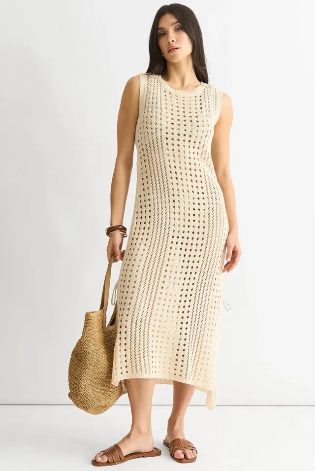 Gini London Crochet Knit abito midi beige bodycon