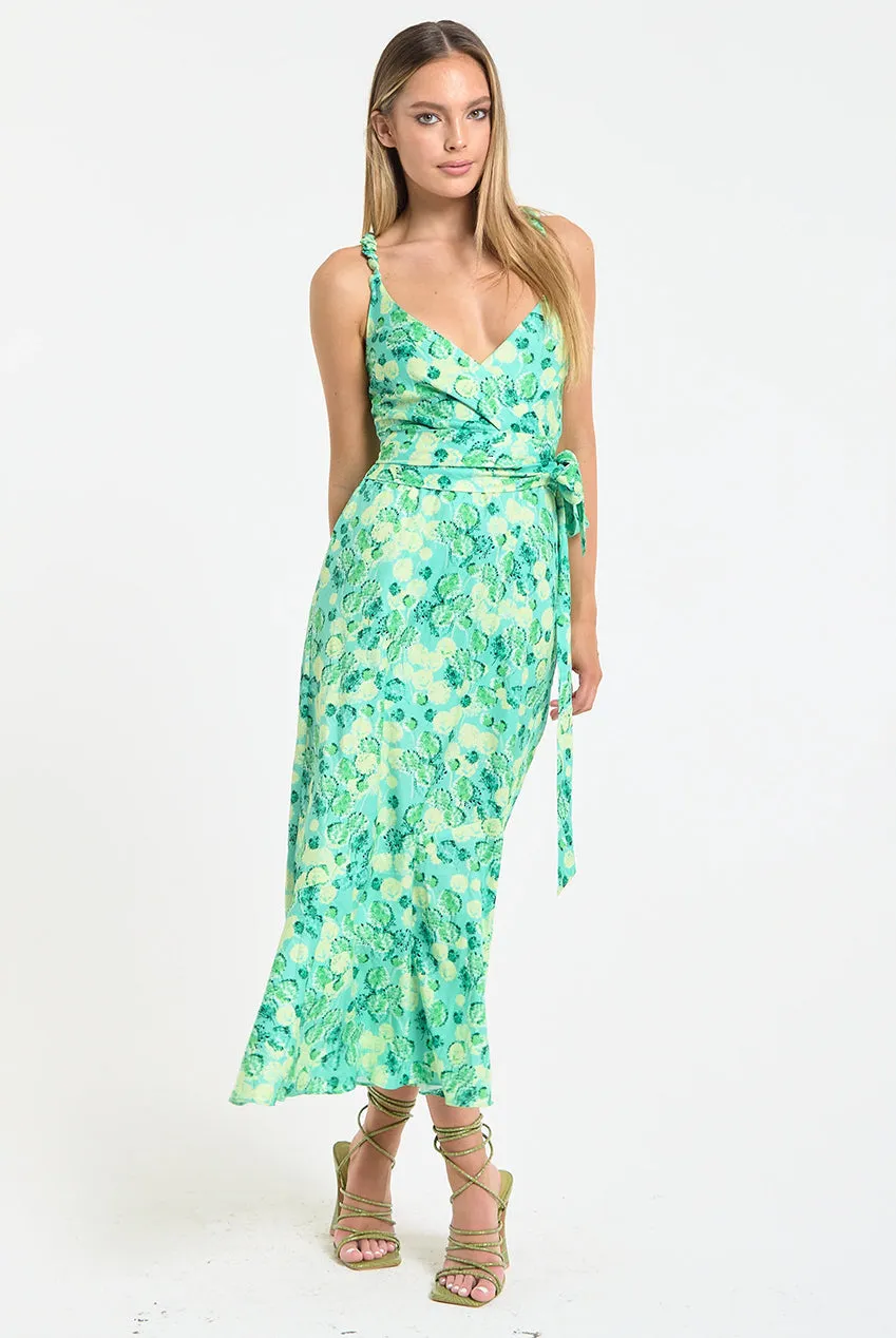 Liquorish Green Floral Wrap abito midi verde floreale scollo a V
