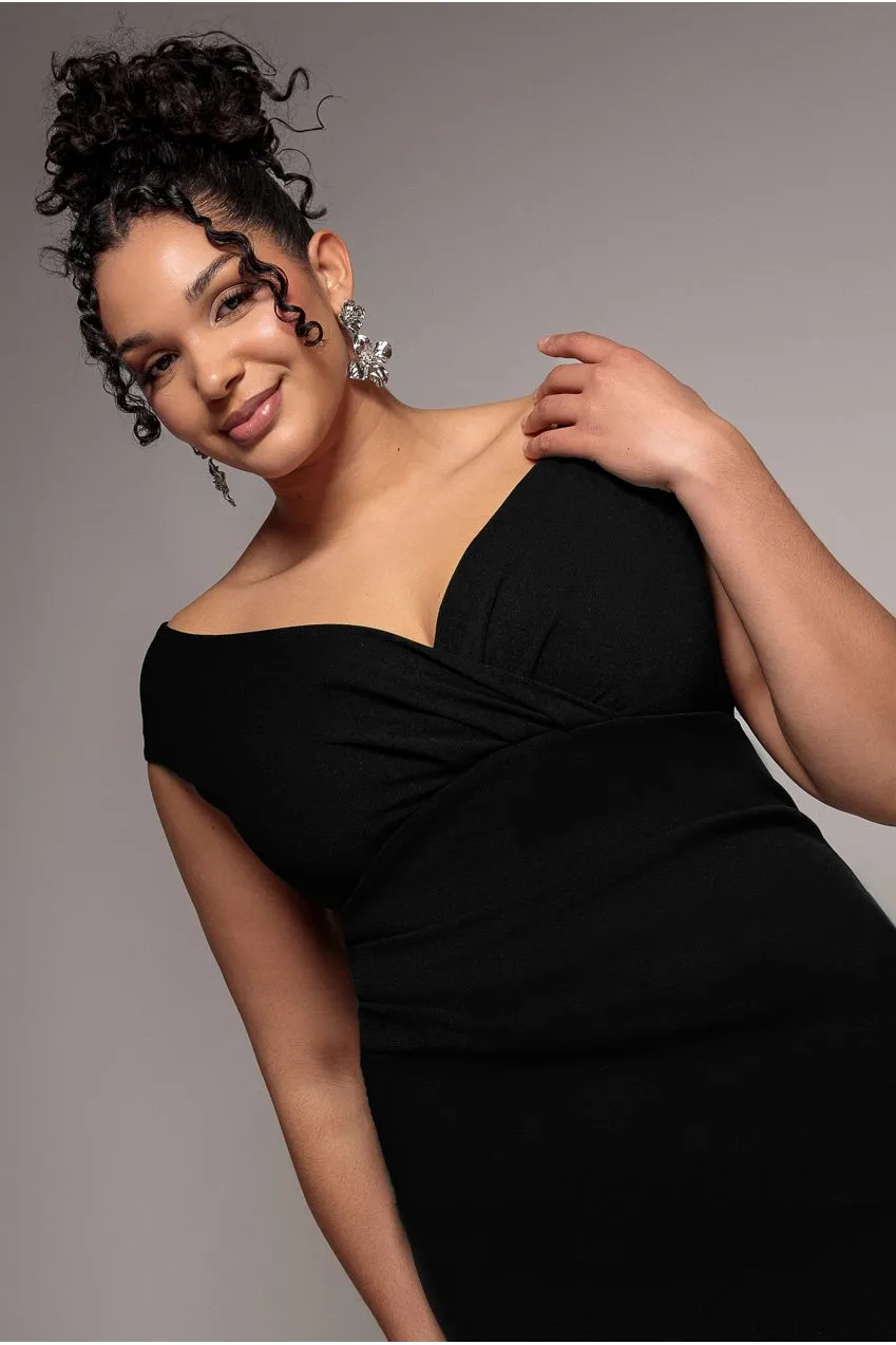 Goddiva Plus Bardot DR1092 abito midi nero bodycon