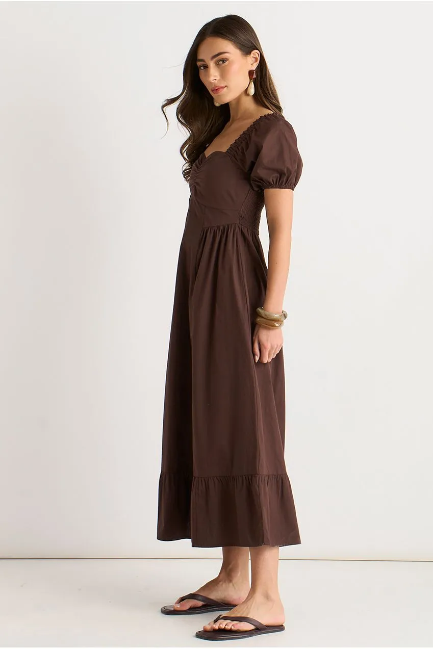 Gini London Brown Gypsy Puff abito midaxi marrone maniche