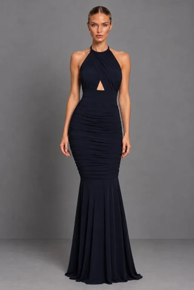 Goddiva Honor Gold Erin abito lungo blu navy schiena scoperta
