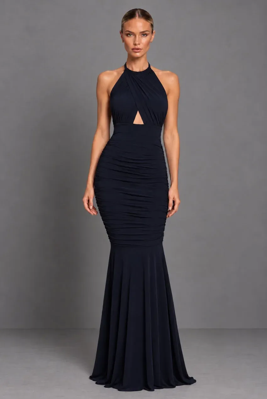 Goddiva Honor Gold Erin abito lungo blu navy schiena scoperta