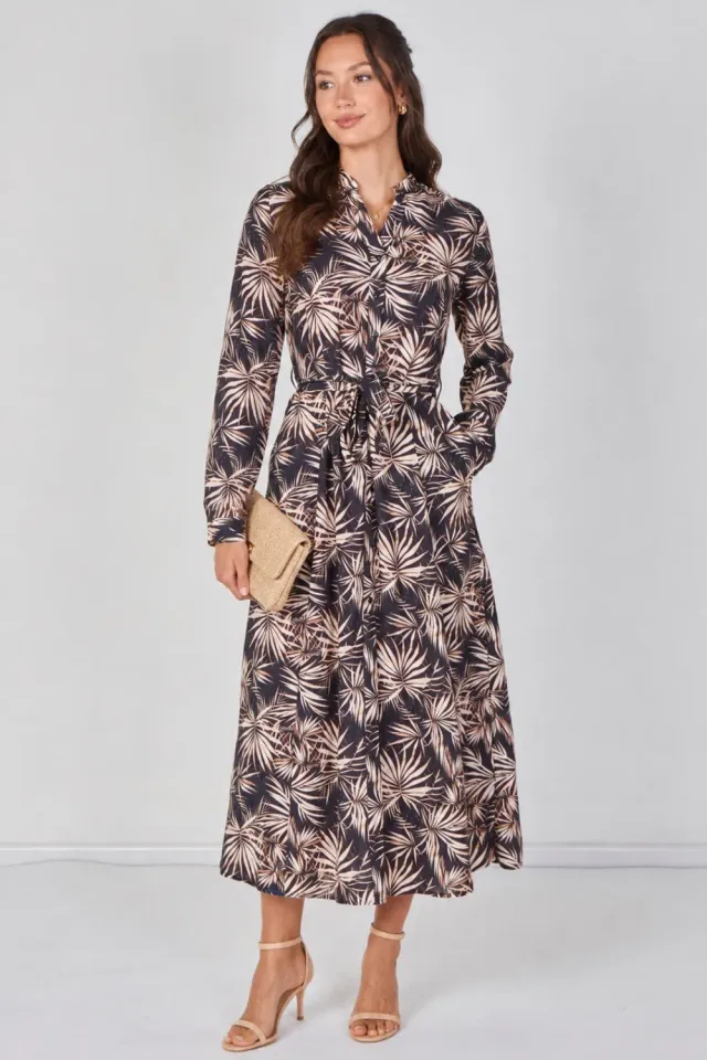 Love Sunshine abito camicia maxi nero palme cintura