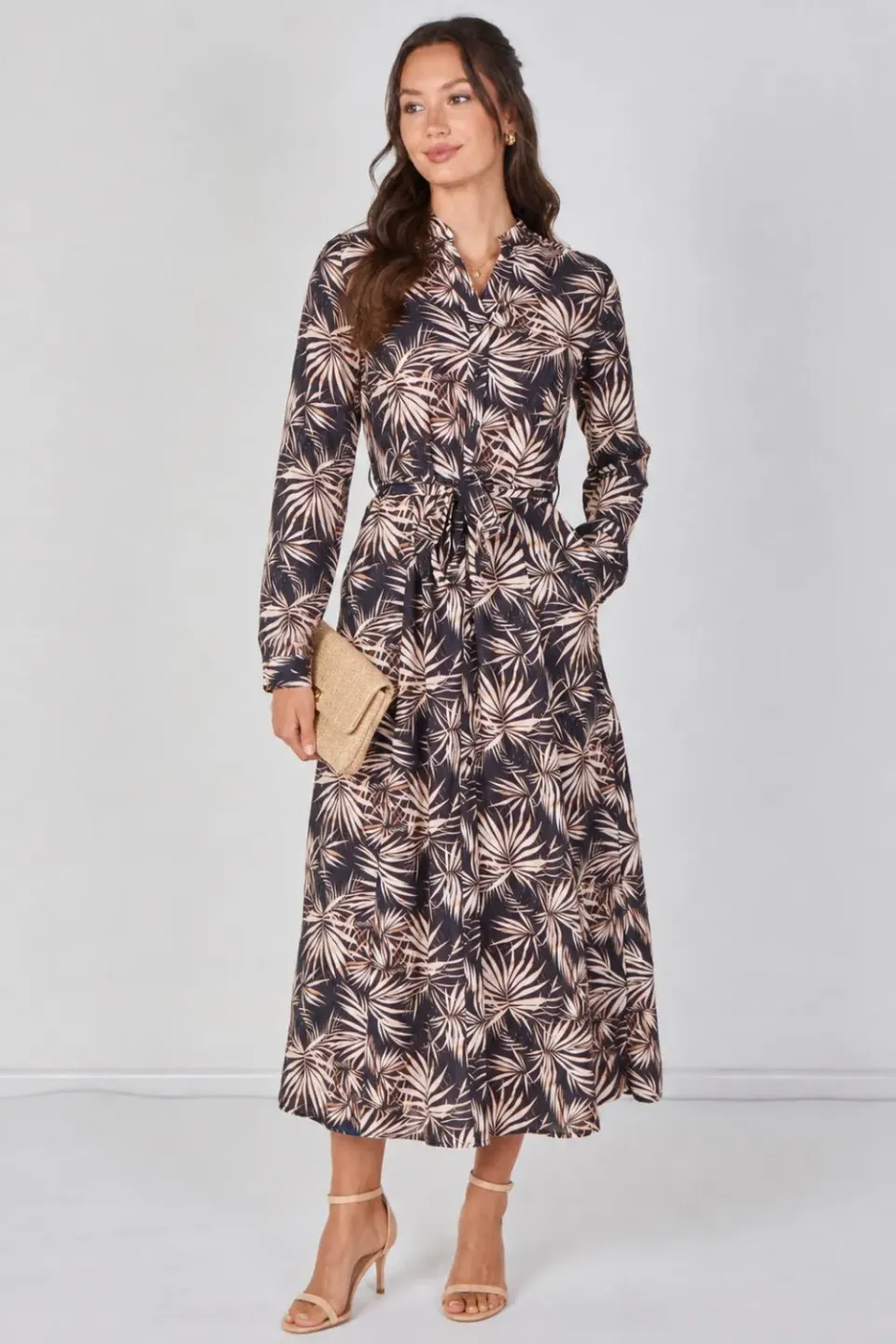 Love Sunshine abito camicia maxi nero palme cintura