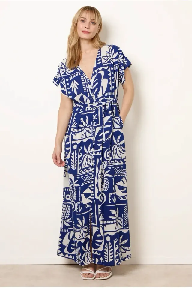 Blue Vanilla abito maxi blu royal stampa tropicale
