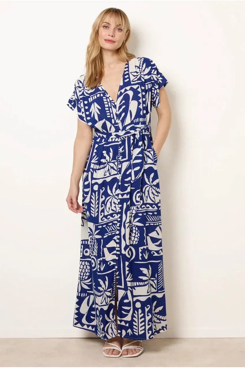 Blue Vanilla abito maxi blu royal stampa tropicale