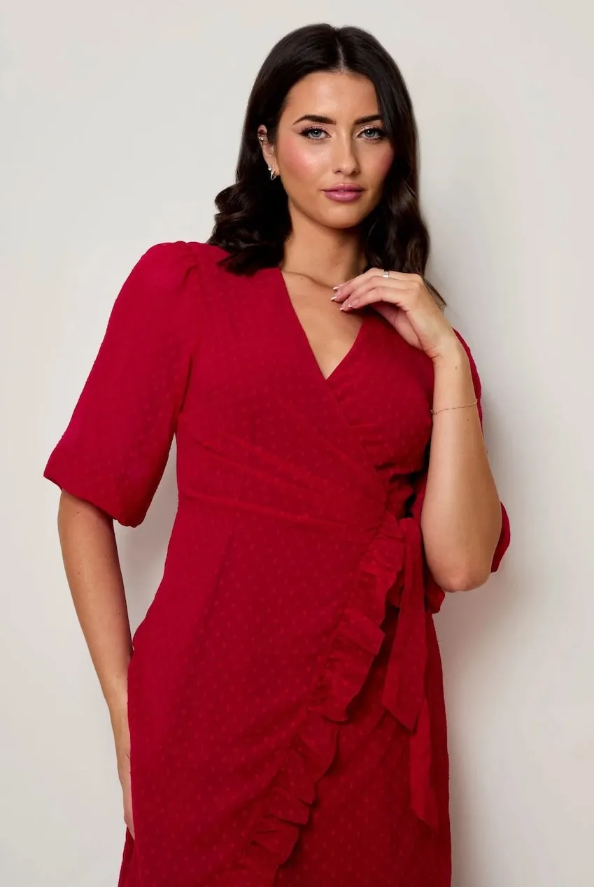 Chi Chi London Puff Sleeve abito wrap rosso mini chiffon