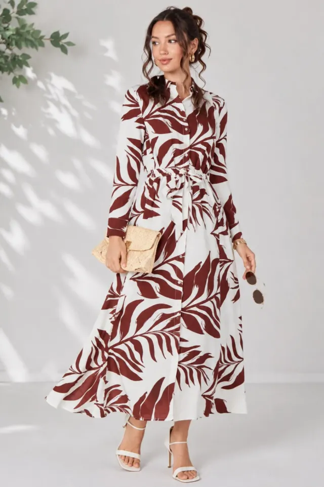 Love Sunshine Rust Palm Print abito camicia maxi vino cintura