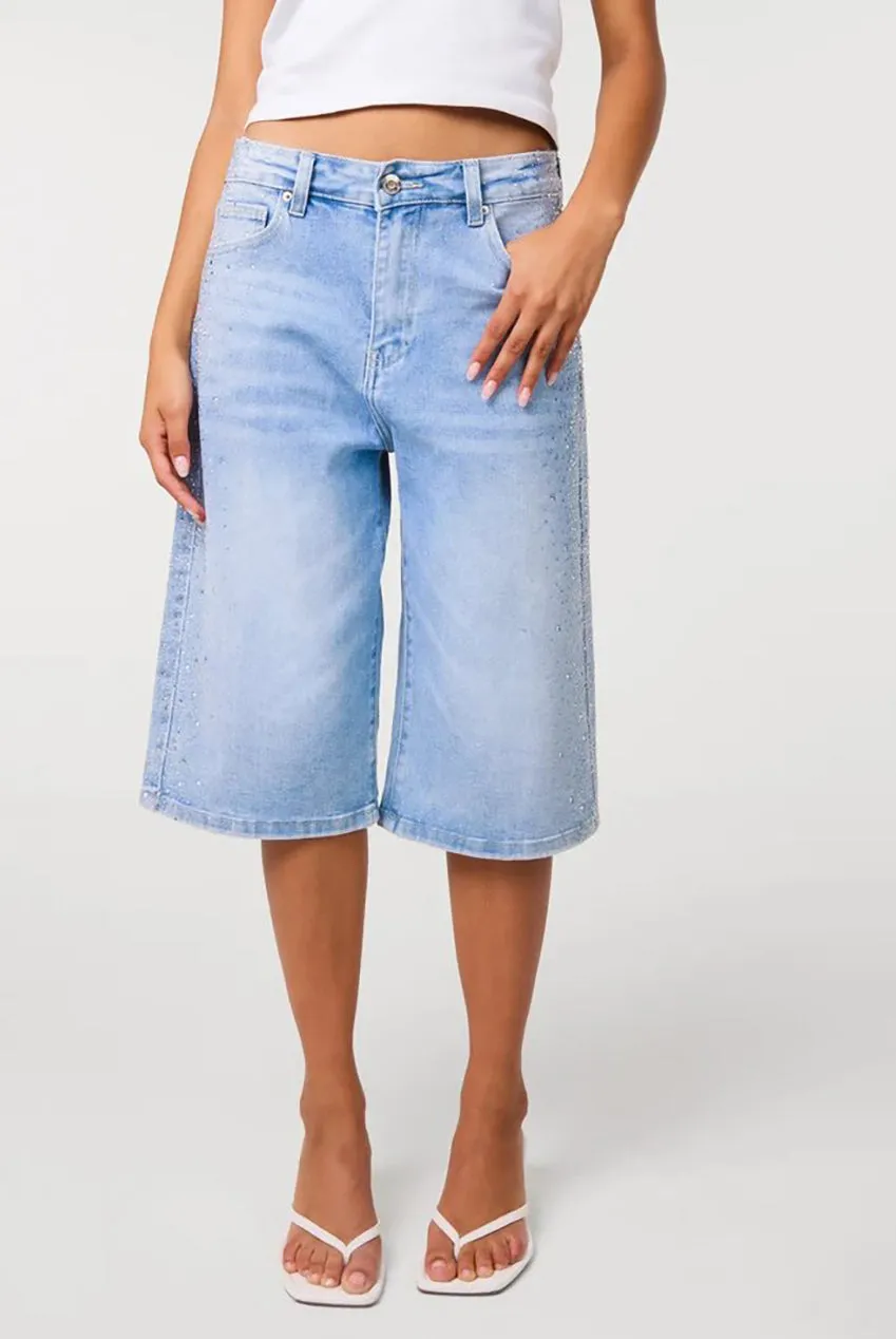 Pink Vanilla Diamante Side bermuda denim chiaro strass