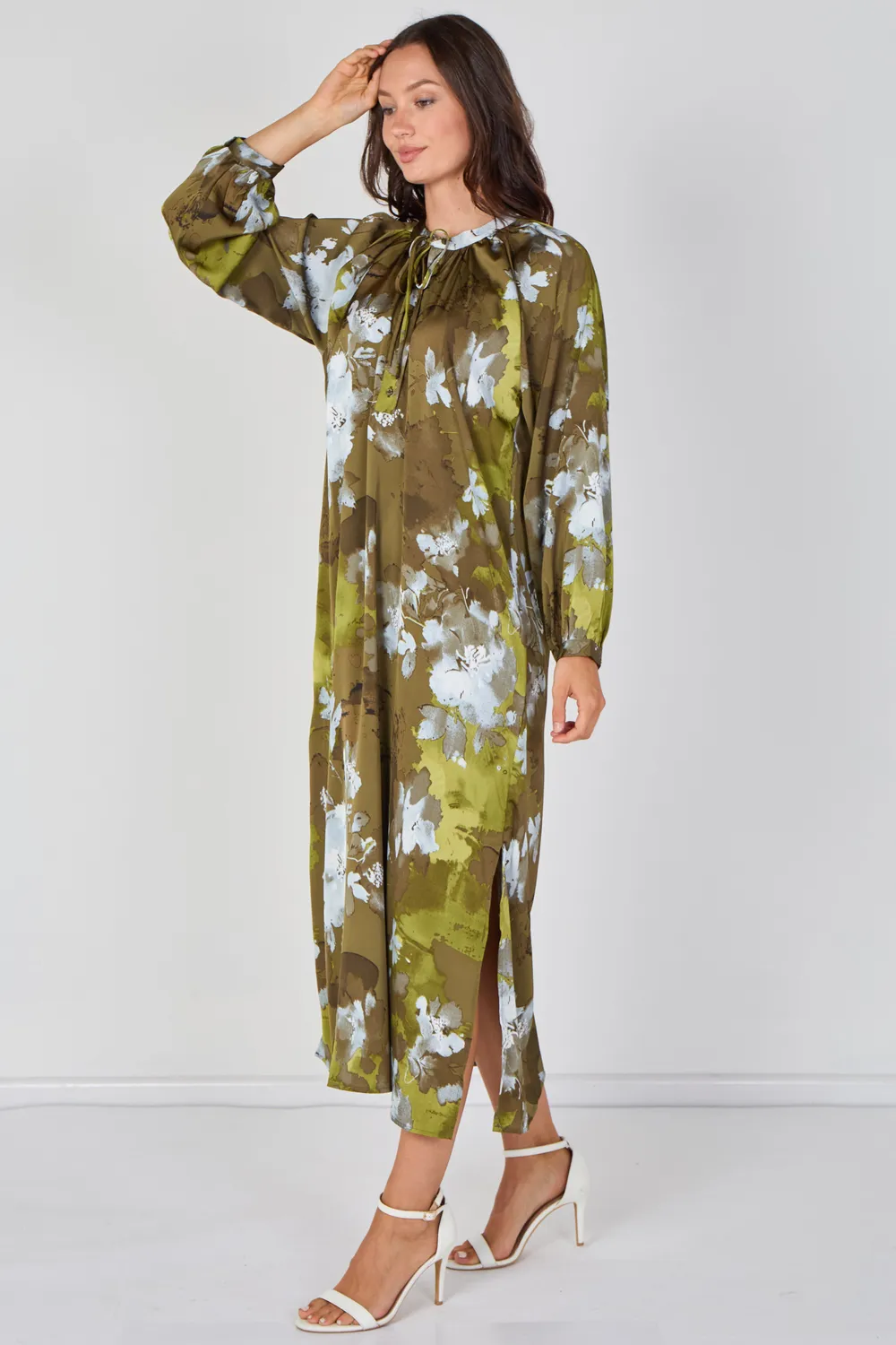 Love Sunshine Watercolour Floral abito maxi khaki manica lunga