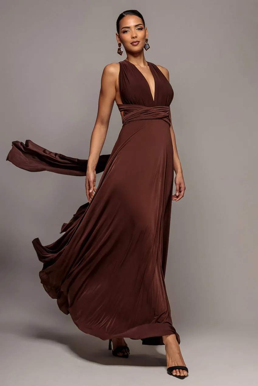 Goddiva Multiway abito maxi marrone allacciato