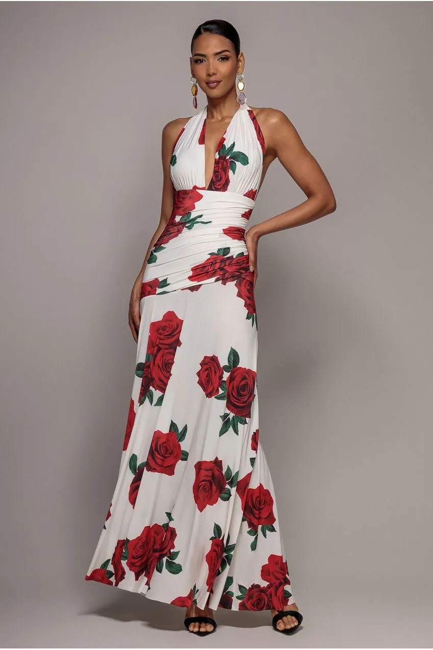 Goddiva Floral Halter maxi abito rosa scollo halter