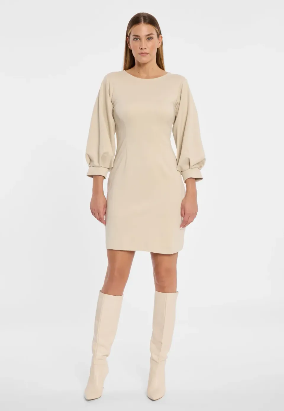 Ana Alcazar Ahali mini abito panna jersey maniche sbuffo