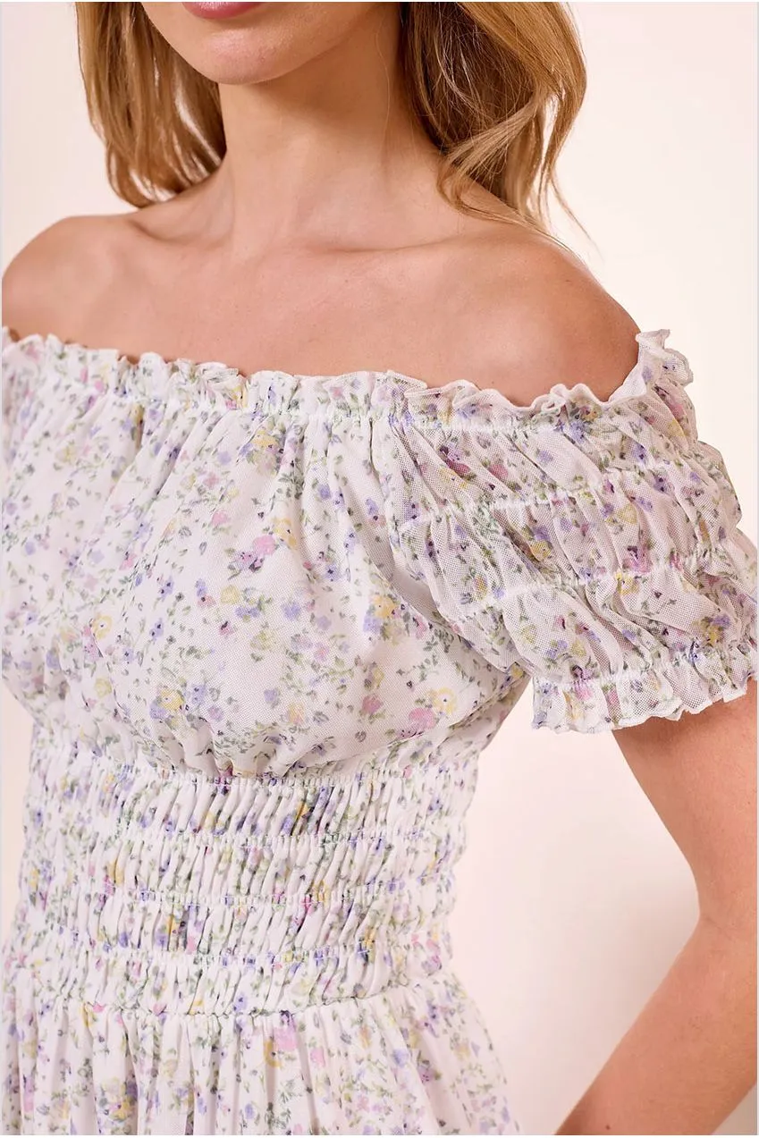 Angeleye Ditsy Mesh Bardot abito bianco floreale