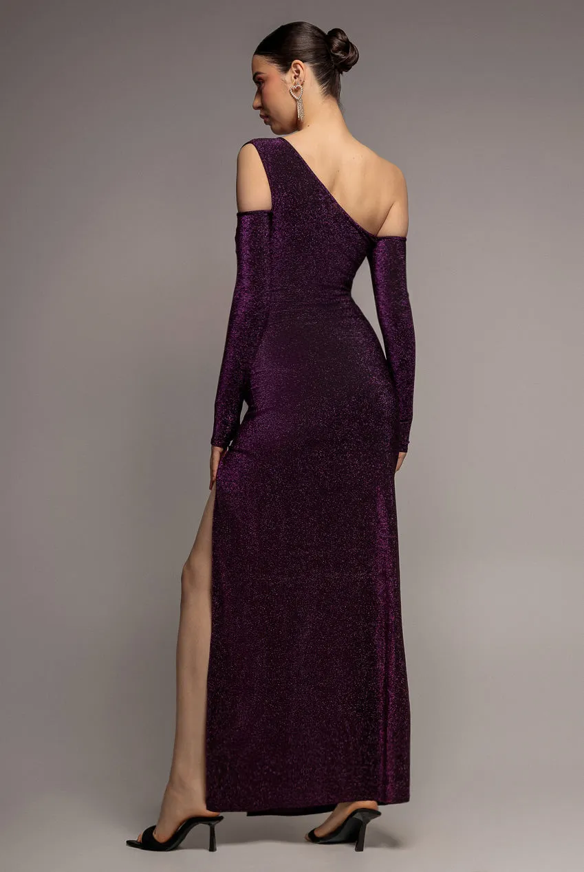 Goddiva Lurex Maxi abito sera magenta spacco