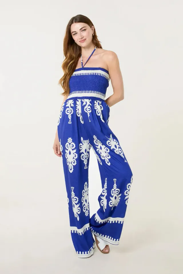 Blue Vanilla tuta jumpsuit blu halter gamba larga S/M