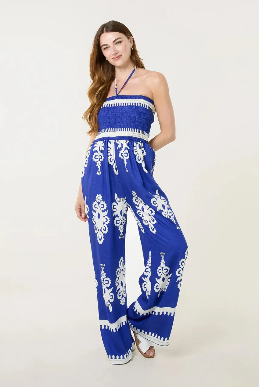 Blue Vanilla tuta jumpsuit blu halter gamba larga S/M