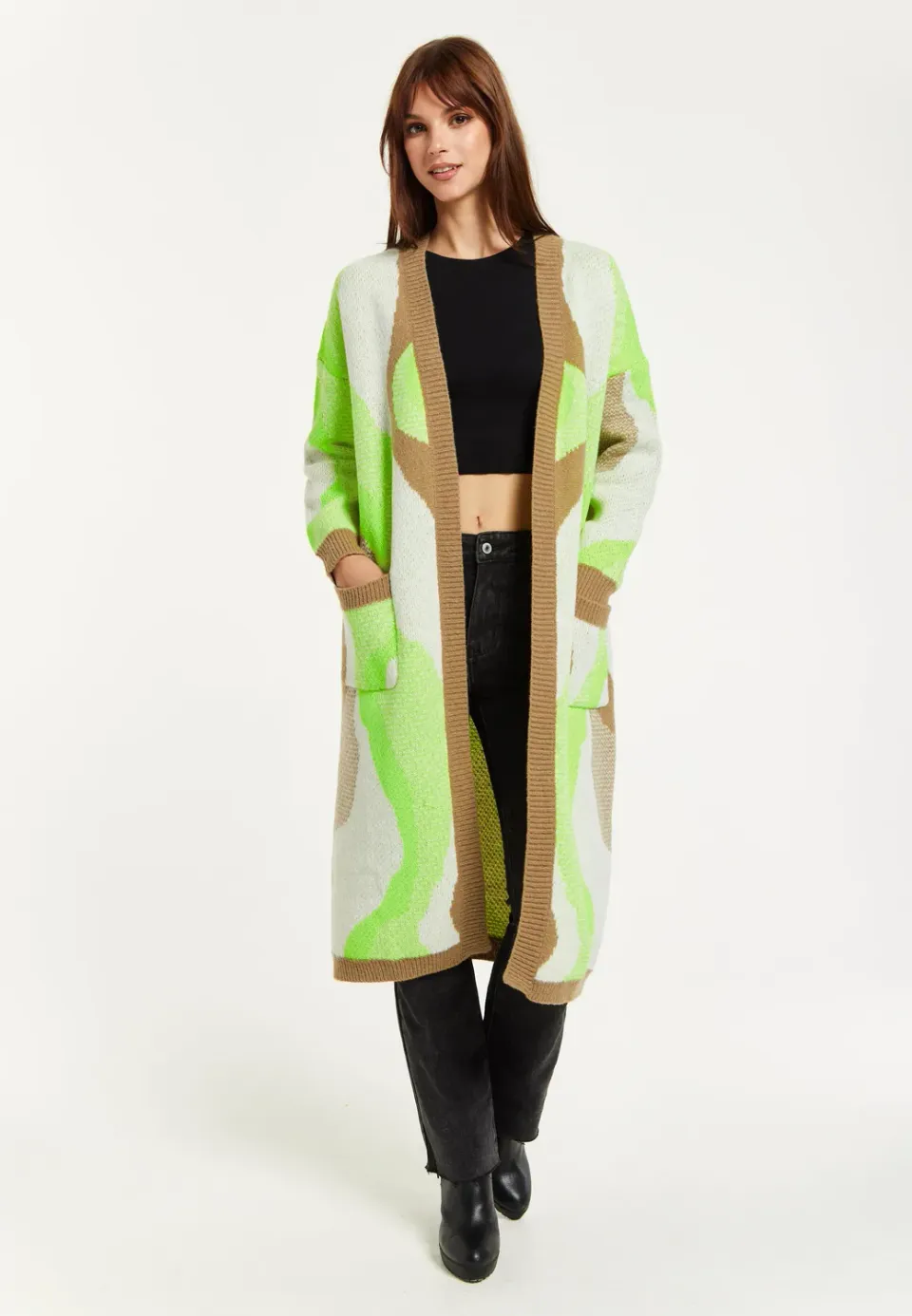 Liquorish cardigan lungo marrone verde tasche aperte