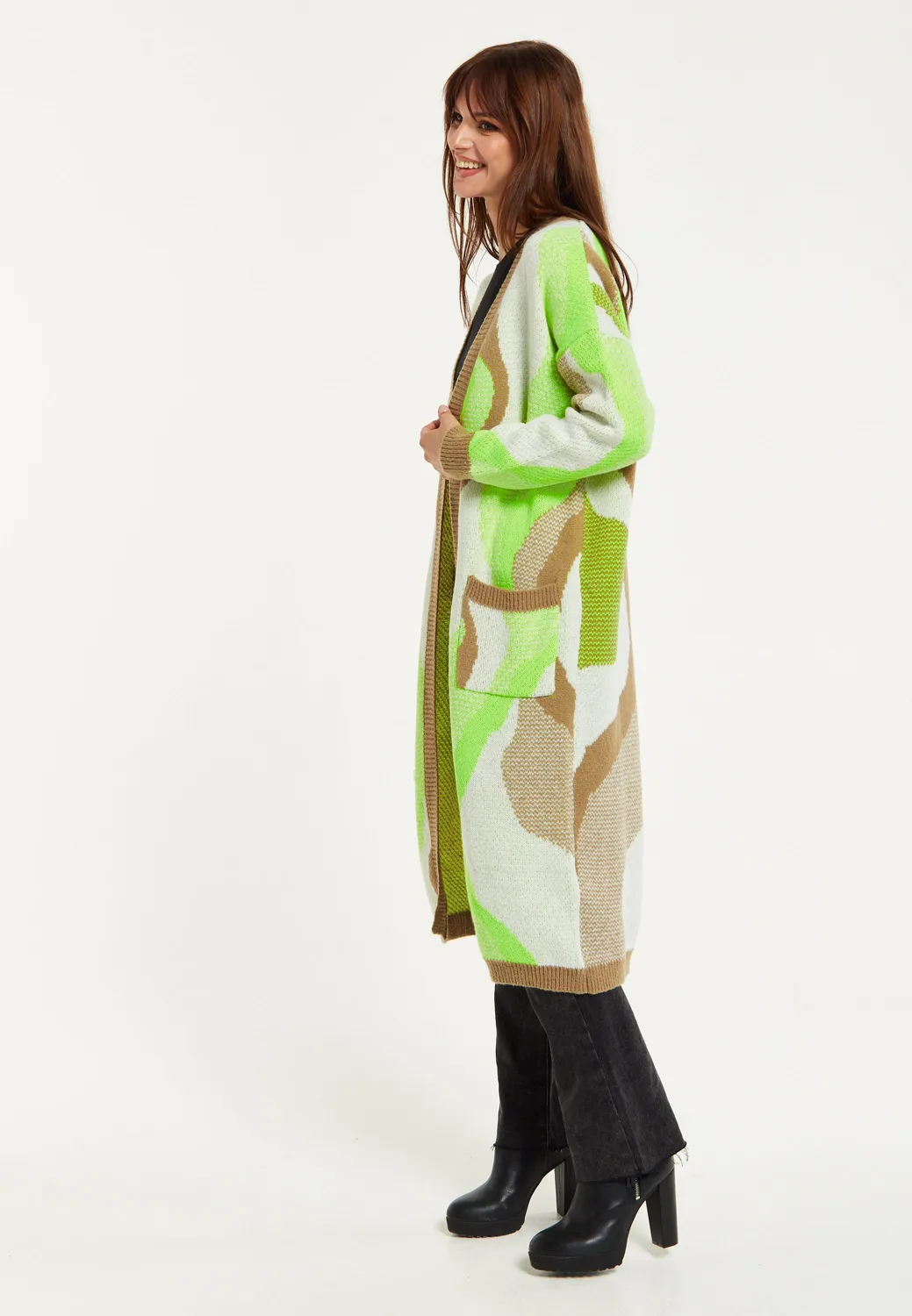 Liquorish cardigan lungo marrone verde tasche aperte