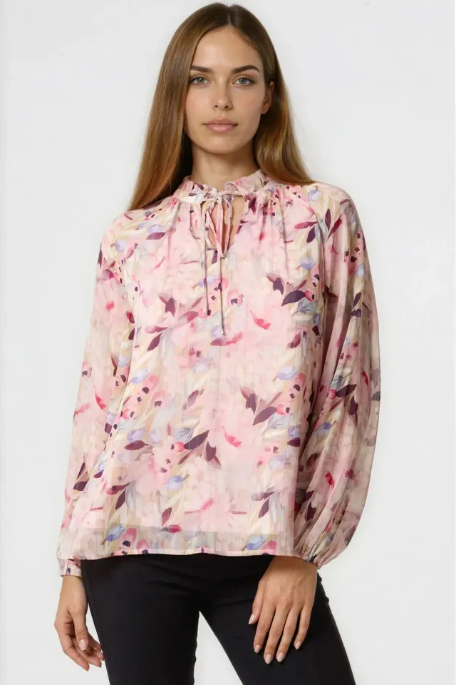 Aftershock London Floral Tie Neck blusa rosa chiffon