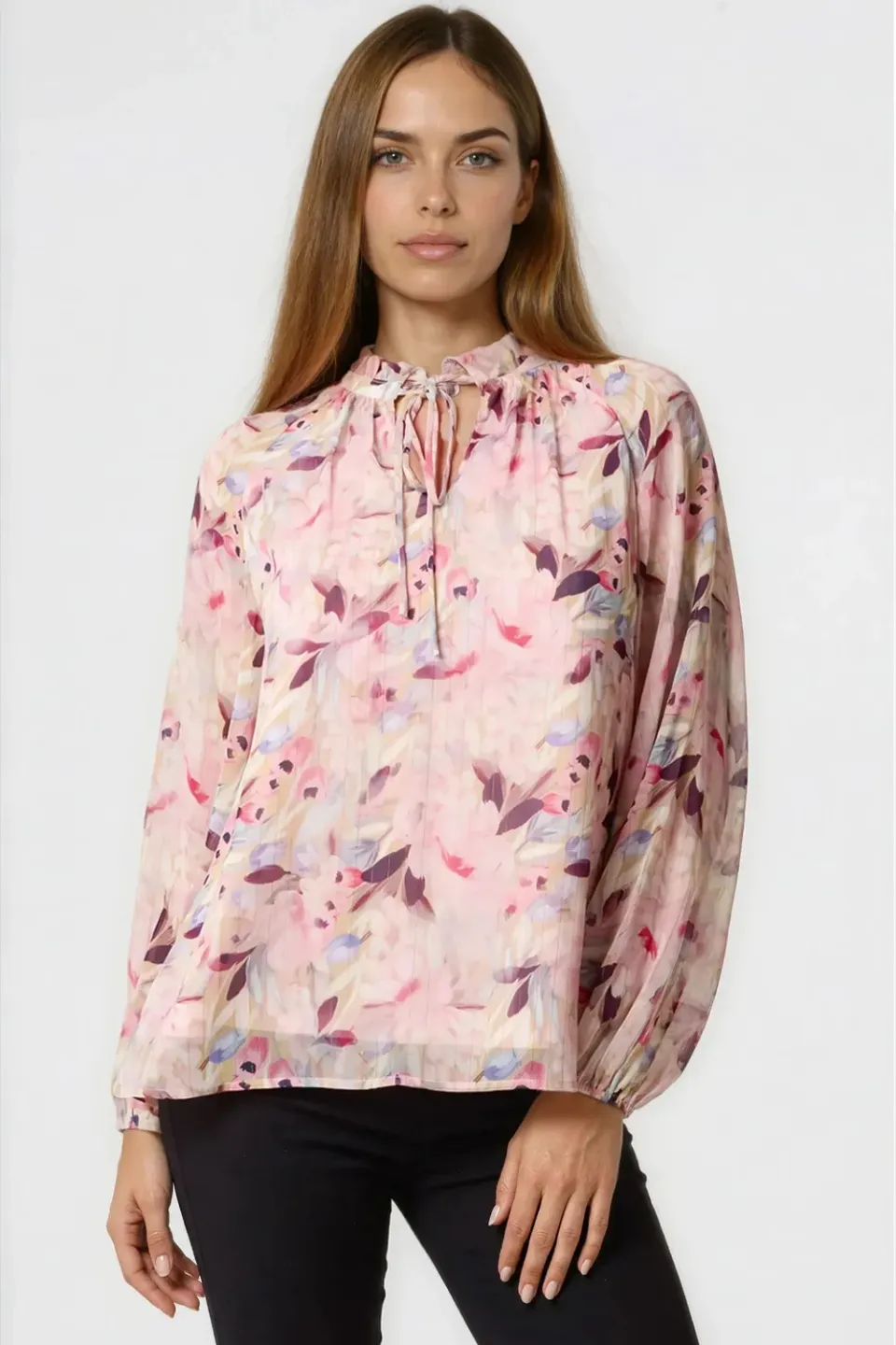 Aftershock London Floral Tie Neck blusa rosa chiffon