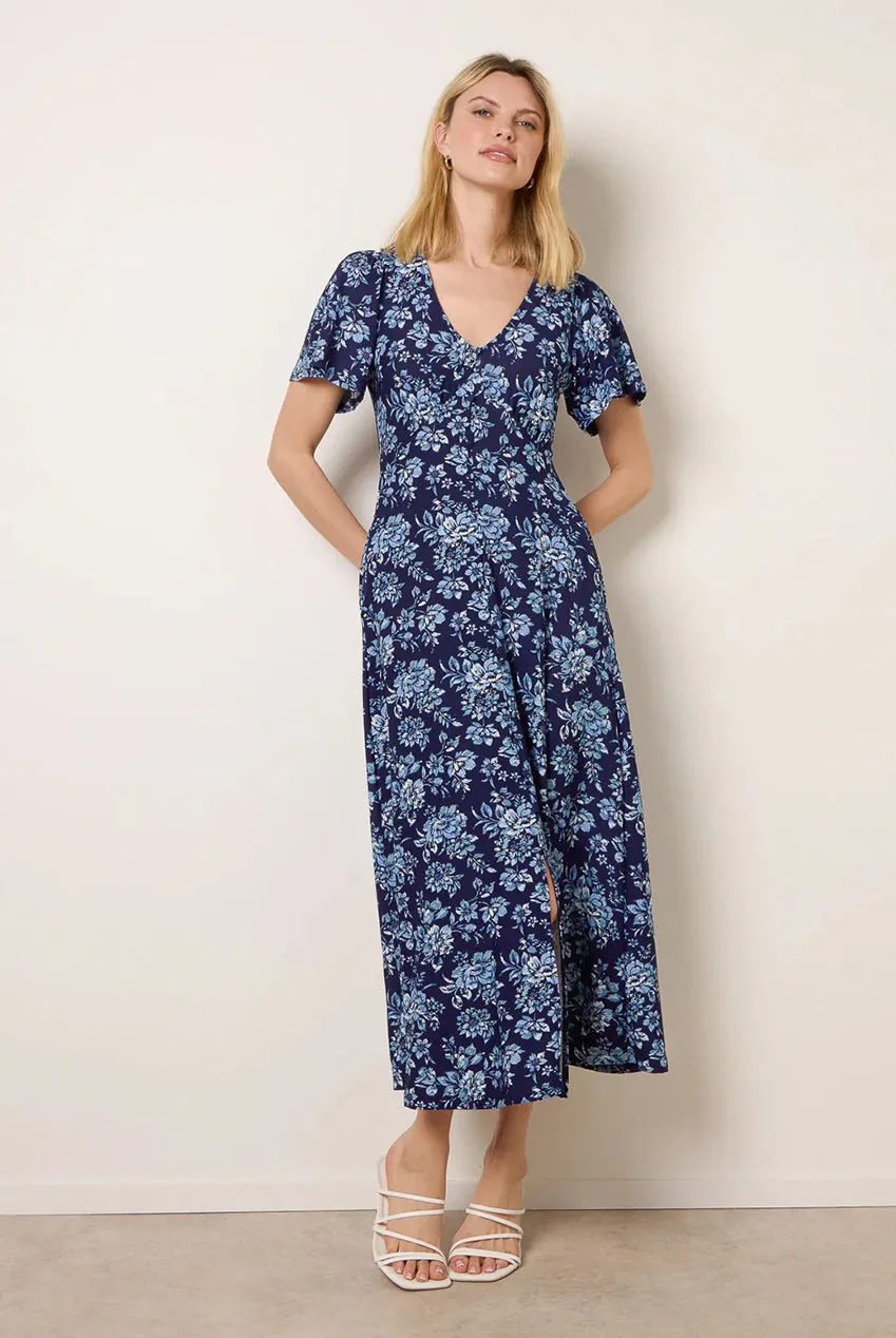 Blue Vanilla Floral Button Through vestito midi blu fiori