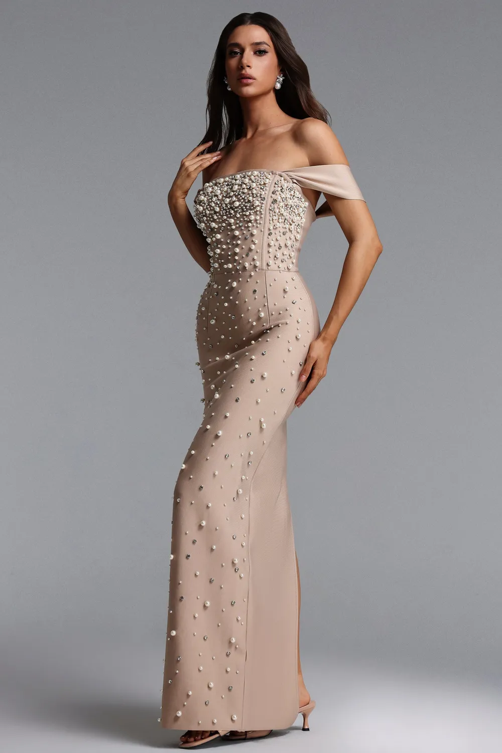 Bella Barnett Jaylee abito maxi bandage beige perle