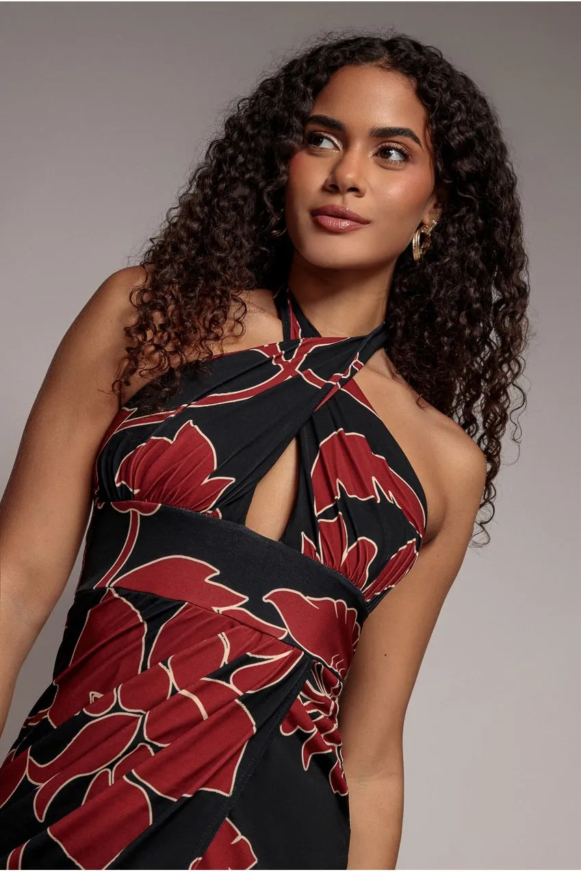 Goddiva Crossover Midi abito nero stampato halter