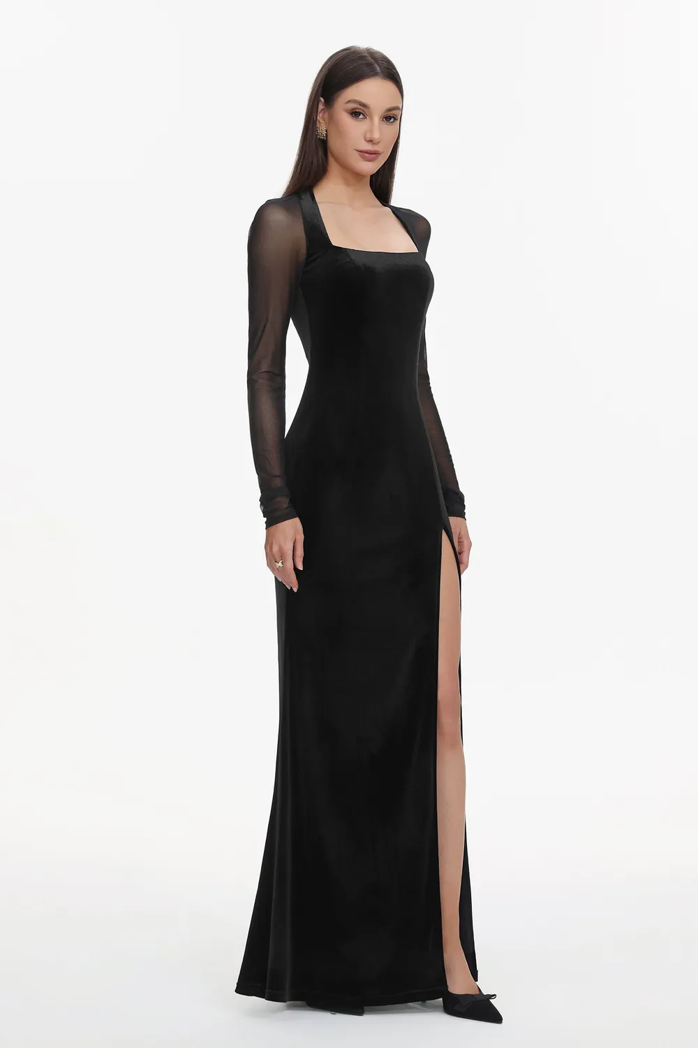 Bella Barnett Rae abito maxi nero velluto spacco