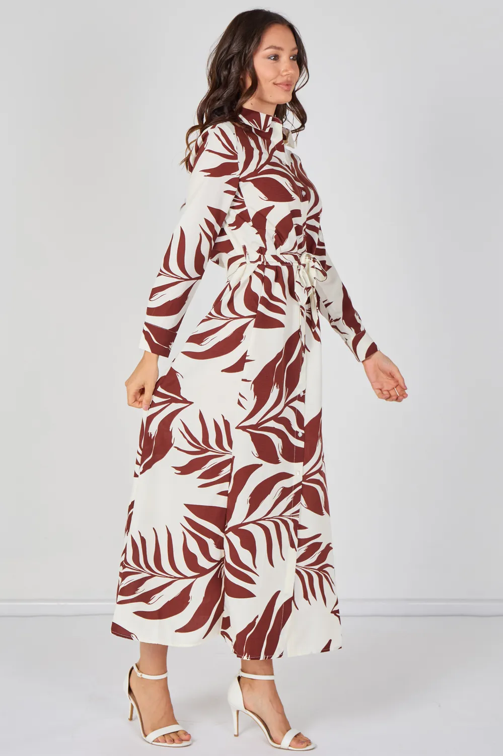 Love Sunshine Rust Palm Print abito camicia maxi vino cintura