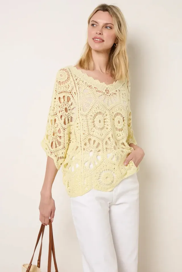 Blue Vanilla Kimono Top Limone Cotone Uncinetto Taglia Unica