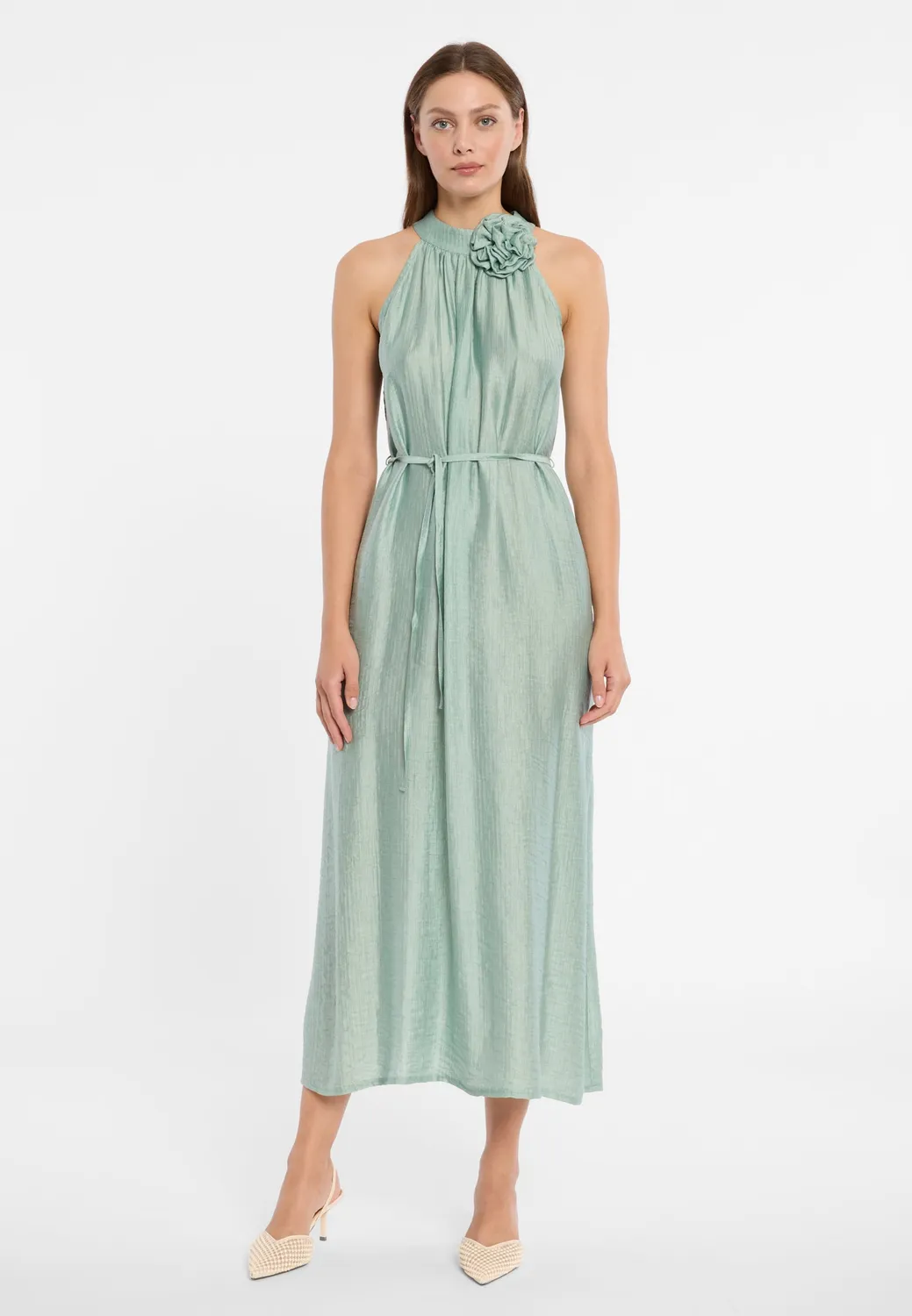 Ana Alcazar Doreya abito verde salvia lungo halter