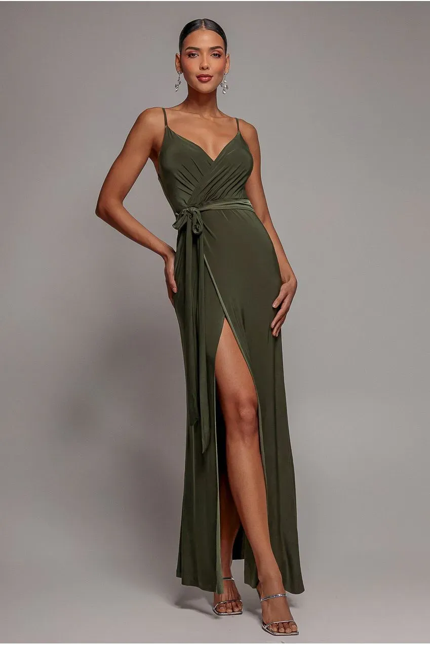 Goddiva Wrap Front Maxi Slip abito maxi oliva incrociato