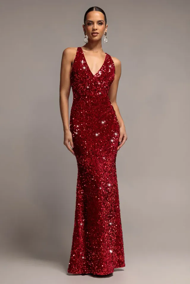 Goddiva Sequin Velvet Abito Lungo Rosso Scollo V