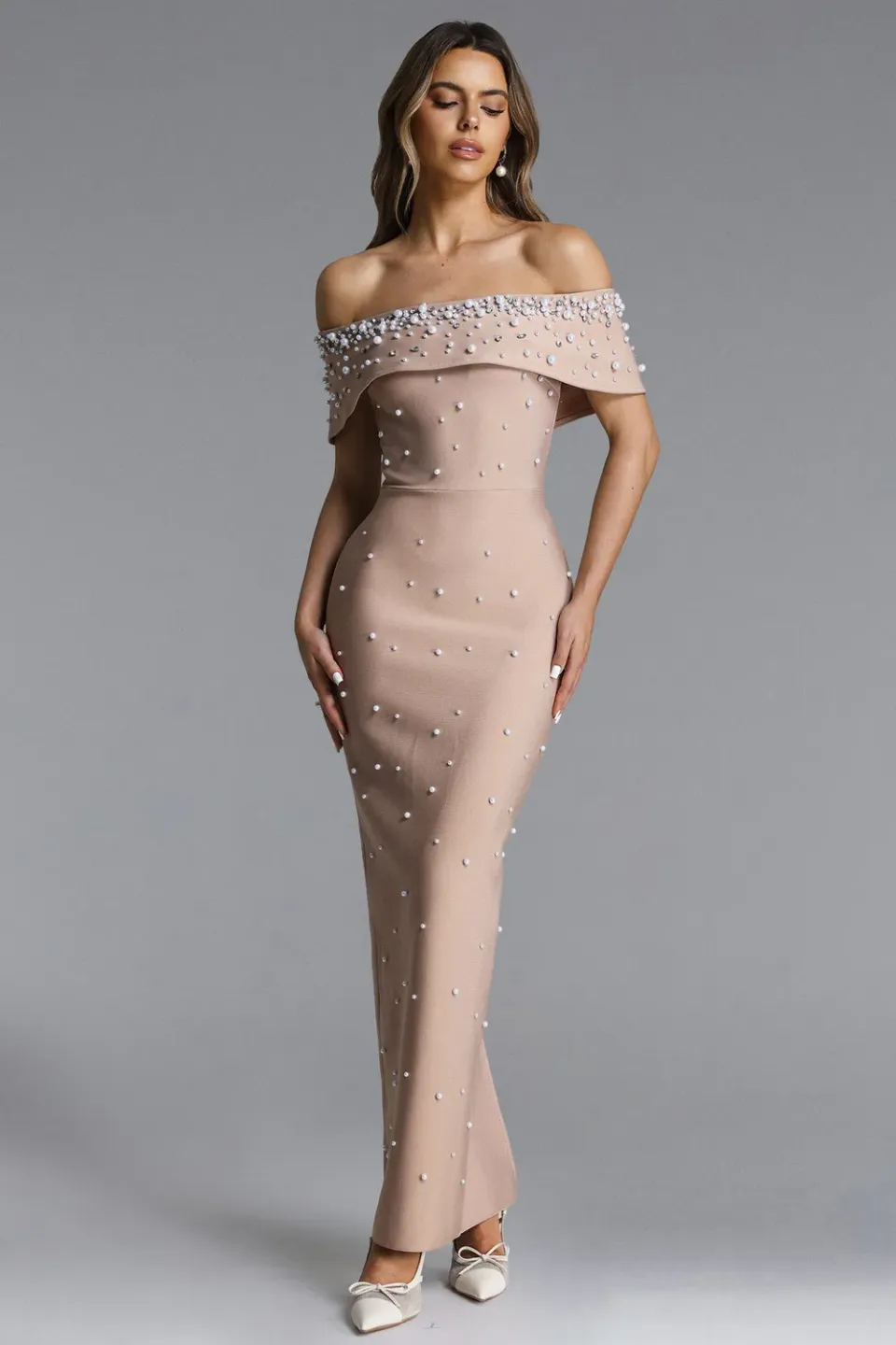 Goddiva Bella Barnett Isme abito lungo beige L spalle scoperte