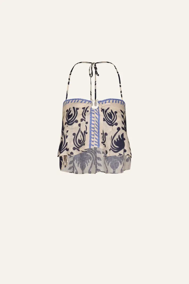 Johanna Ortiz Oceanic top lino halter ecru blu