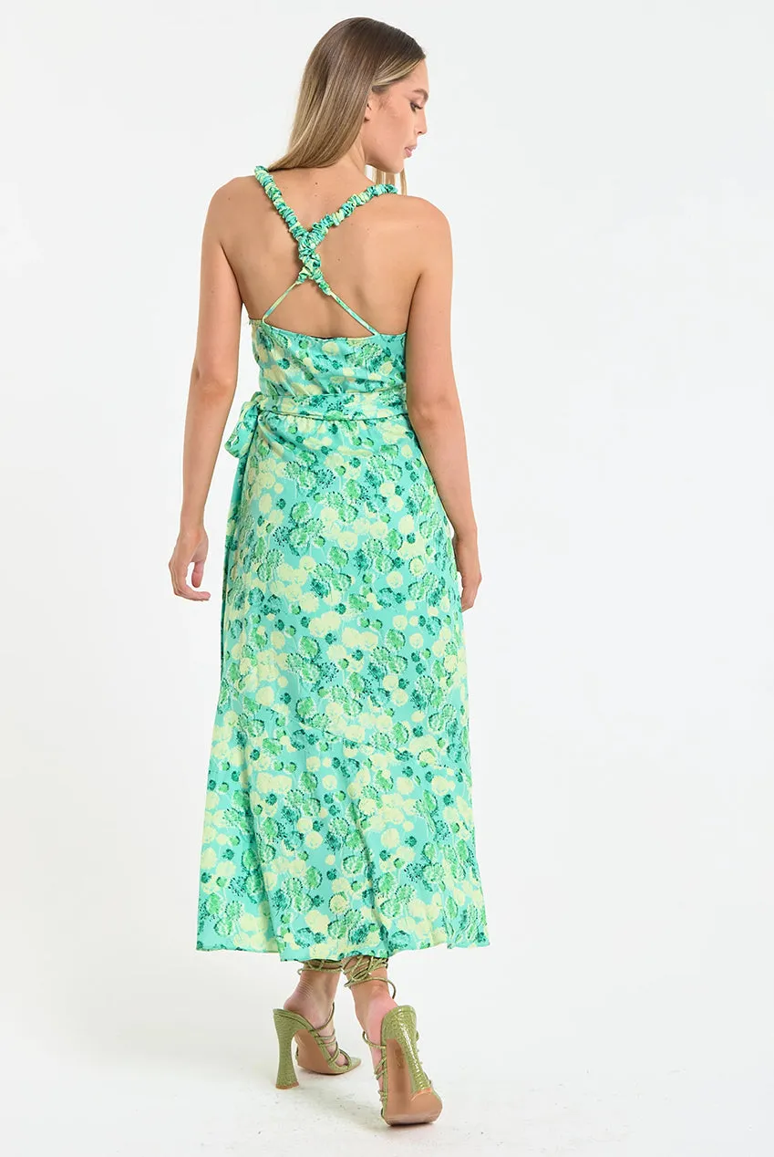 Liquorish Green Floral Wrap abito midi verde floreale scollo a V